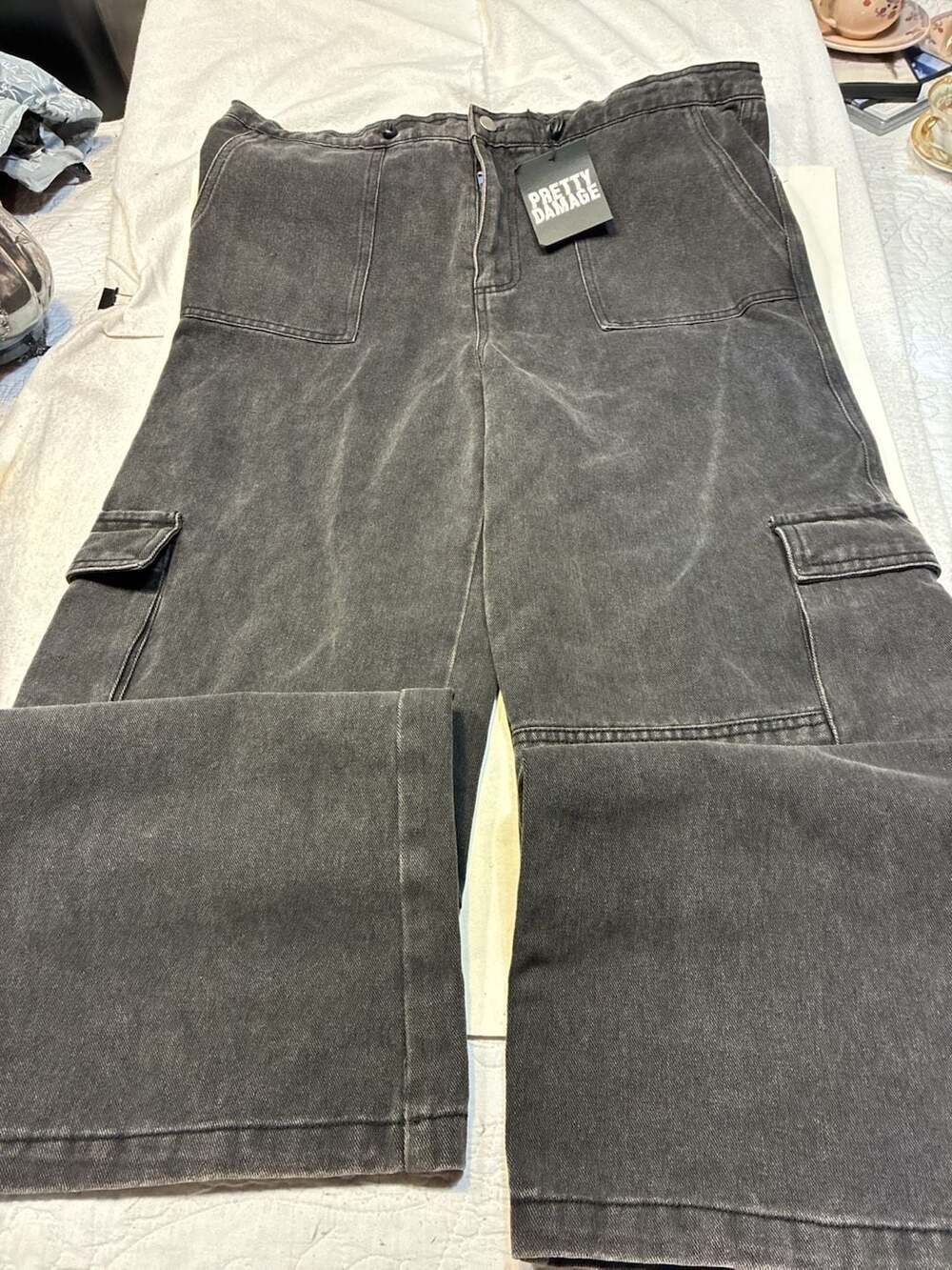 Pretty Damage Cargo Jeans Size L Black Denim Baggy Pants